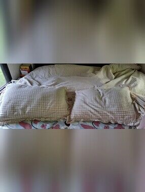 Queen Seersucker Tan And White Gingham Checked Comforter And Shams
